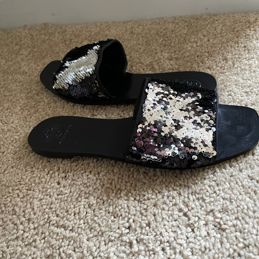 Tory Burch sequined flip design slides